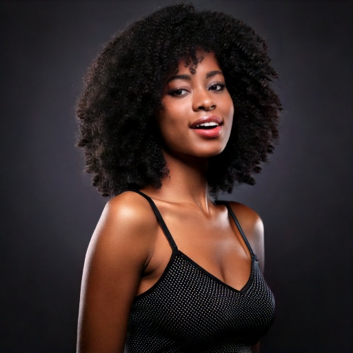 Firefly ritratto sensual donna nera con folti capelli ricci neri com mento e viso verso lalto e gir